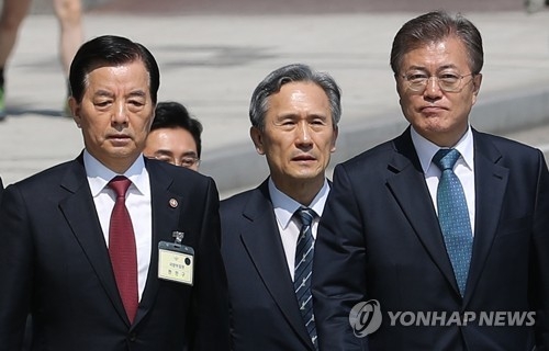 資料圖片:5月17日,在國防部,南韓防長韓民求和時任國安室長金寬鎮陪同文在寅視察。(韓聯社)