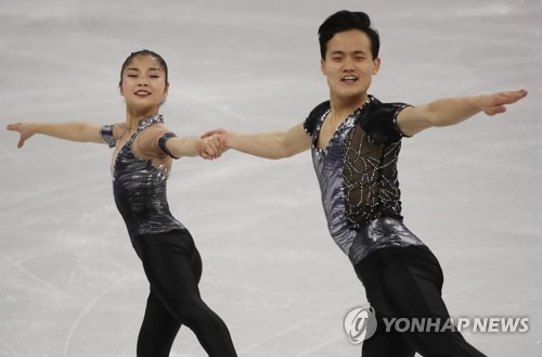 朝鮮選手廉黛玉(左)、金主植正在進行短節目表演。(韓聯社)