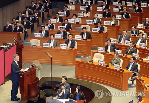 資料圖片:2017年6月12日下午,在南韓國會,總統文在寅(左)發表施政演說。(韓聯社)