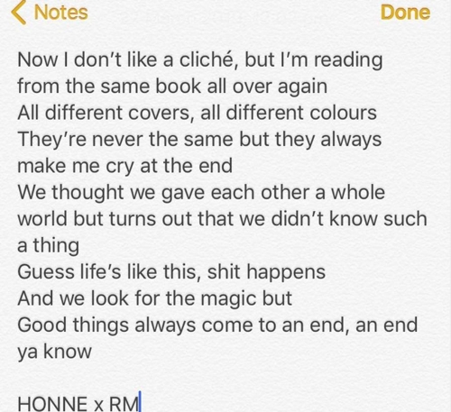 當地時間3月26日,英國獨立樂隊HONNE在Instagram上公開與RM合作的部分歌詞。圖為Instagram截圖。(韓聯社)