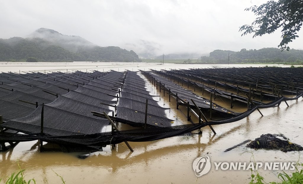 7月15日,位於忠北槐山郡七星面的槐山水庫的水位一度超限,導致下游出現河水倒灌。 韓聯社/槐山郡供圖(圖片嚴禁轉載複製)
