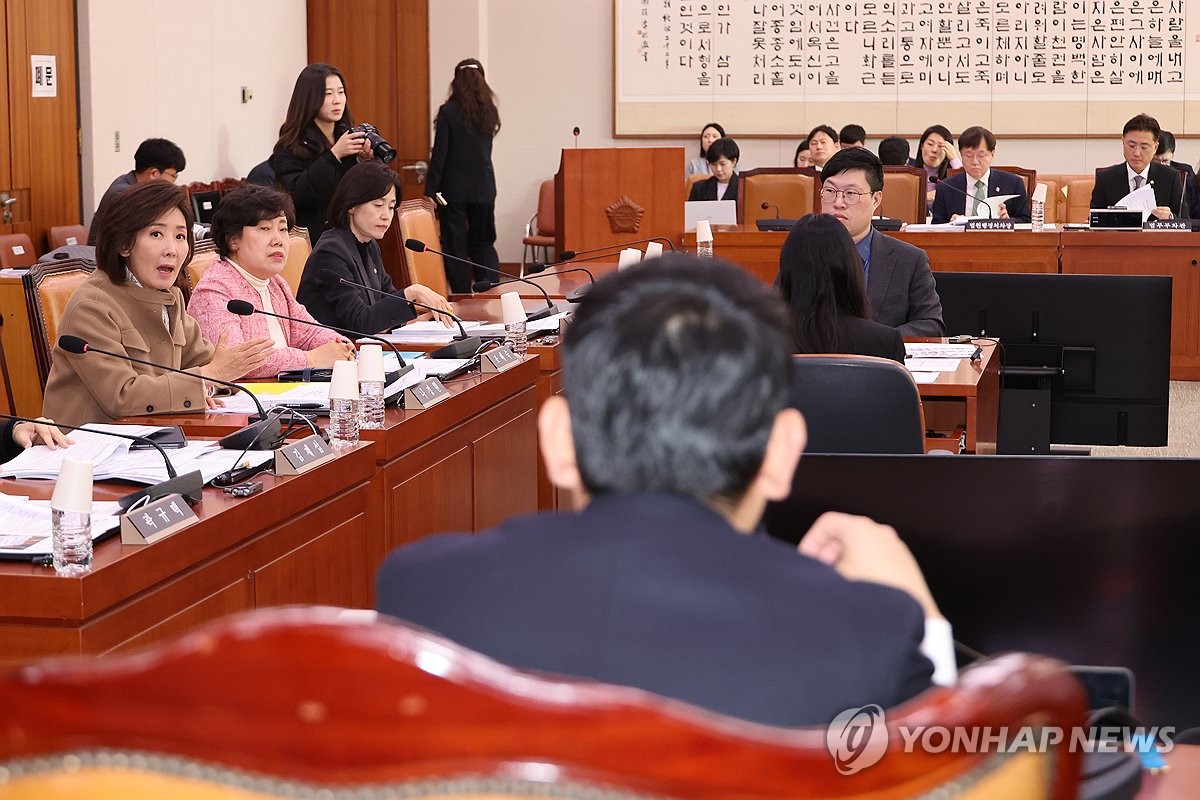 12月1日,在首爾汝矣島的南韓國會,法制司法委員會召開法案審查第一小委員會會議。圖為最大在野黨國民力量議員羅景垣(左排左一)抗議執政黨主導的《關於設置內亂特別審判庭的法案》。 韓聯社